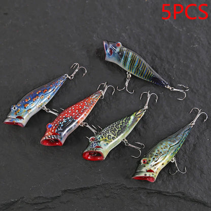 5pcs Striped Crankbait Popper Fishing Lure Set Tackle 8cm/12.4g Dot Painted Artificial Hard Bait With Hook Wobbler For Fish/Pike