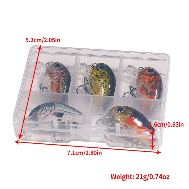 5Pcs 3cm Bass Fishing Lures Kit Topwater Crankbaits, Wobblers Swimbaits 1.5g/2g for Freshwater/Saltwater Light Fishing Tackle