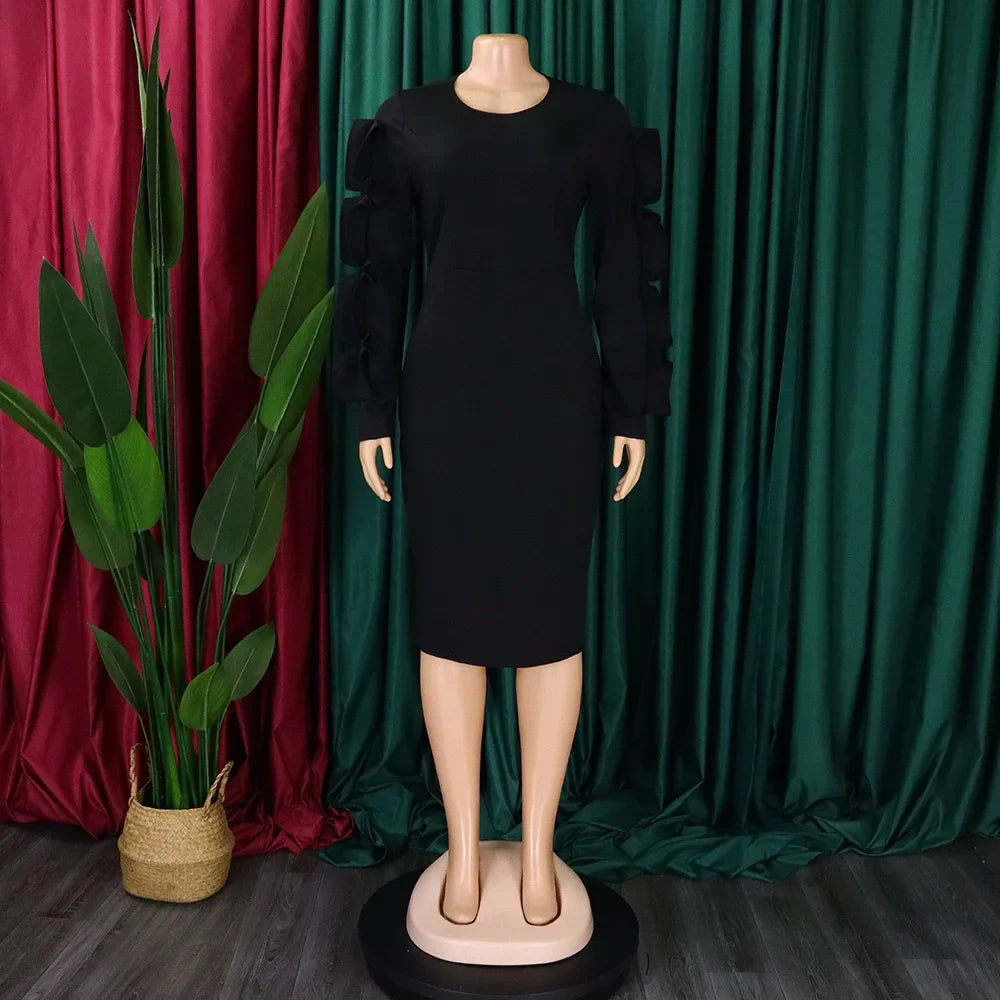 Elegant Office Dresses for Woman 2024 New O Neck Petal Sleeve Sheath Package Hips Mid Calf Formal Business Work Wear Dress Midi