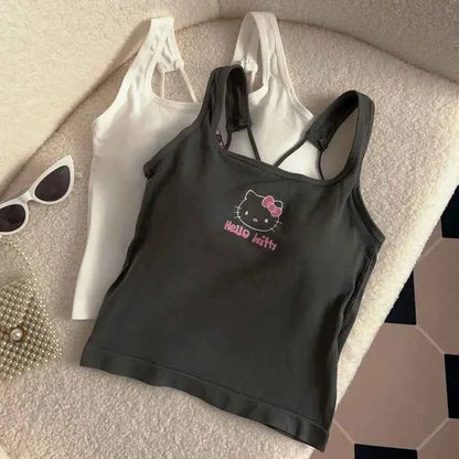 Summer Cute Girly Style HelloKitty Printed Suspender Vest with Chest Pad Slim Pinch Waist Versatile Vintage Top