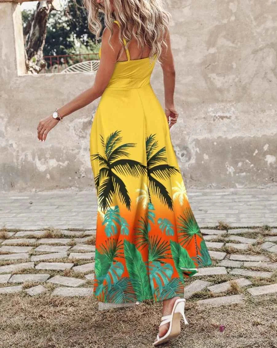 Women's Ombre Leaf Eyelet Strap Maxi Dress Elegant Hawaiian Vacation Sleeveless Summer