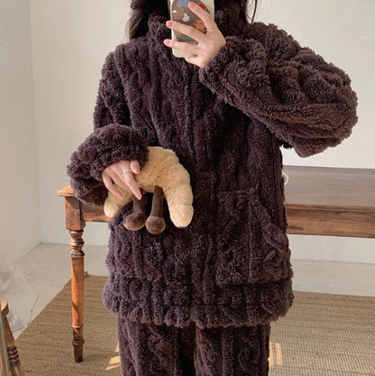 Thickened Warm 2Pcs Pajamas Set Jacquard Textured Stand Collar Zip Up Fuzzy Teddy Top & Pants Set Striped Nightwear Loungewear