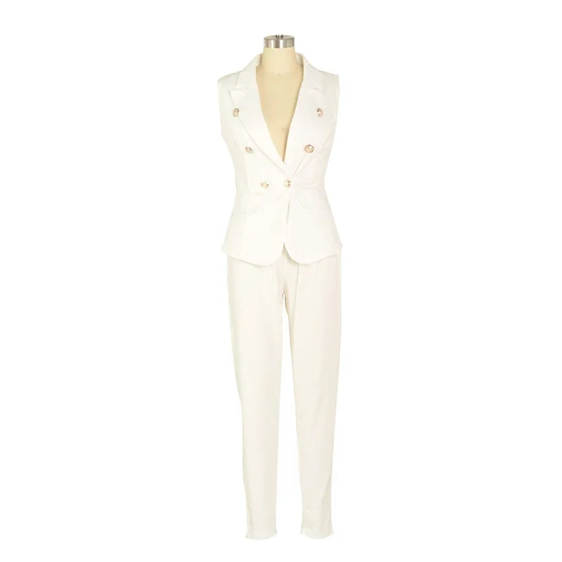 Business Work Wear Two Piece Pant Suits for Women Sets Elegant Sleeveless Blazer Top and Pencil Pants Office Lady Matching Sets