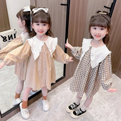 Autumn/Winter Girls' Dress Lapel Lace Lace Pleated Plaid/Solid Color Puffy Sleeve Garden Cotton And Linen Dress (Girls 0-3 Years