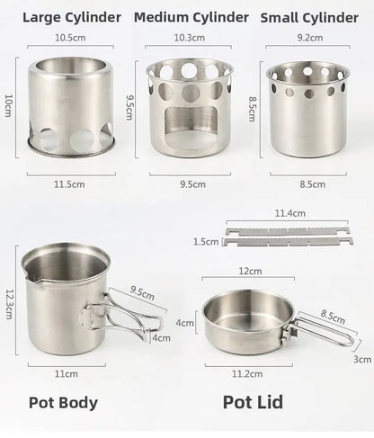 Portable Stainless Steel Wood Burning Camp Stove Set with 304 Cookware Pot for Outdoor Camping New