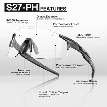 SCVCN Photochromic Cycling Glasses Sunglasses Outdoor Cycling Road Mountain Bike Glasses Men and Women Casual Hiking Windproof