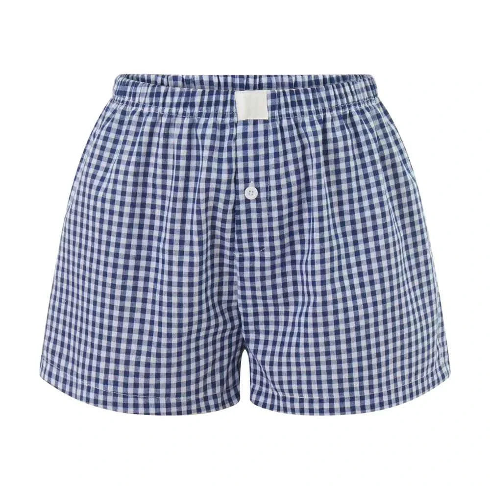 Women’s Y2K Retro Cleanfit Plaid Print Elastic Low Waist Button Front Aesthetic Loungewear Loose Shorts Boxers Streetwear