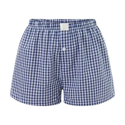 Women’s Y2K Retro Cleanfit Plaid Print Elastic Low Waist Button Front Aesthetic Loungewear Loose Shorts Boxers Streetwear