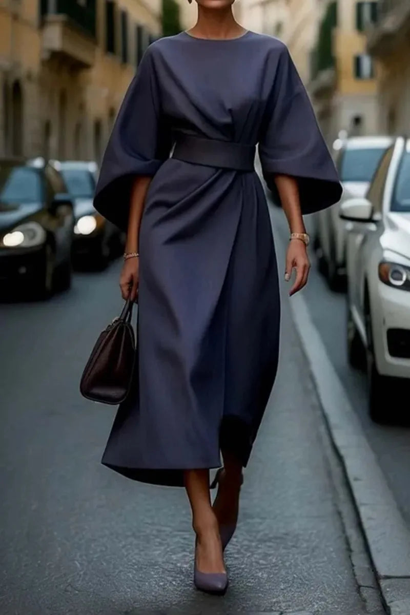 Spring Fashion Solid Color Dress Women Sexy Round Neck Bat Sleeve High Waist Dress Elegant Commuting Dresses for Women Summer