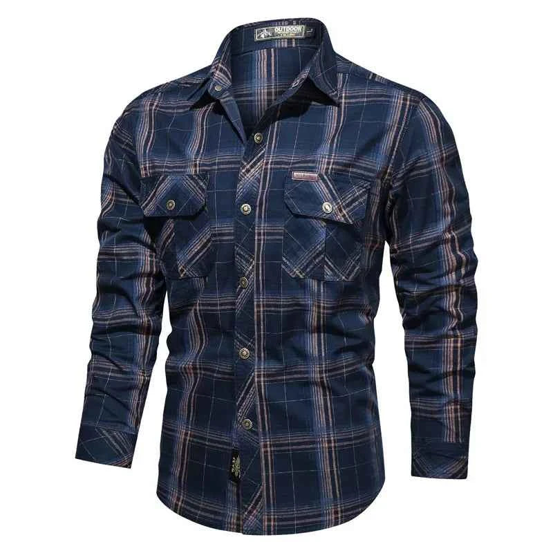 Men Plaid Casual Shirts Male Military Outdoor Loose Multi-pockets Tooling Shirts High Quality Man Large Long-sleeved Shirts 5XL