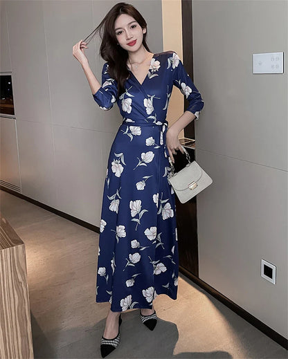 FANIECES Summer Wrap Dresses Women Sexy V Neck Split Maxi Dress Print Female Casual Beachwear Lace Up Party Vestidos Robe платье