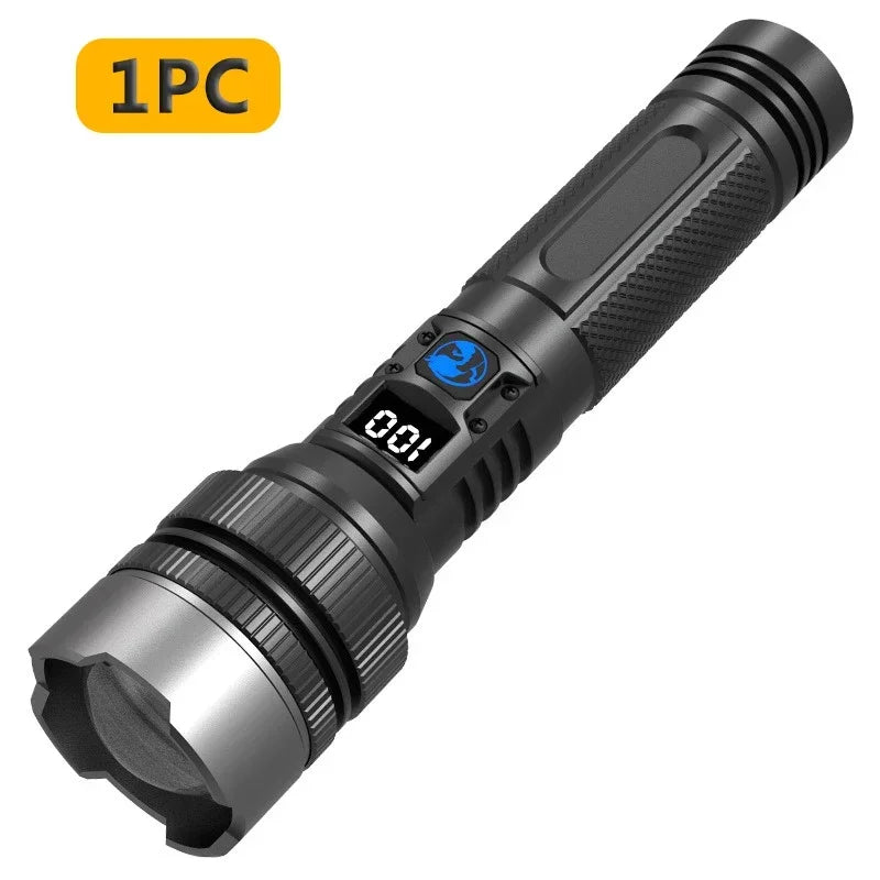 Powerful LED Flashlight – Adjustable Zoom, Digital Battery Display, USB-C Rechargeable