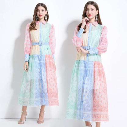Spring Summer 2025 New Women Fashion Rainbow Print Elegant Shirt Long Dresses Vintage Single Breasted Party Dress Bohemian Trend