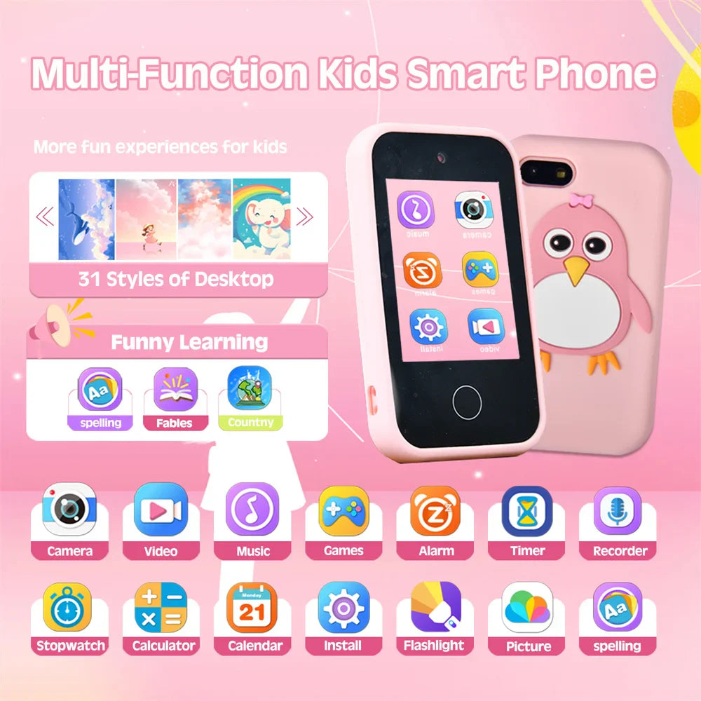 32GB Kids Smart Phone 2.8'' IPS Mini Toy Phone Music Player  28 Games Alarm Clock Flashlight Dual Camera Educational Funny Toys