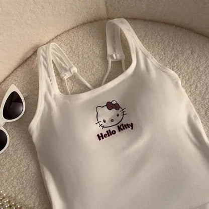 Summer Cute Girly Style HelloKitty Printed Suspender Vest with Chest Pad Slim Pinch Waist Versatile Vintage Top
