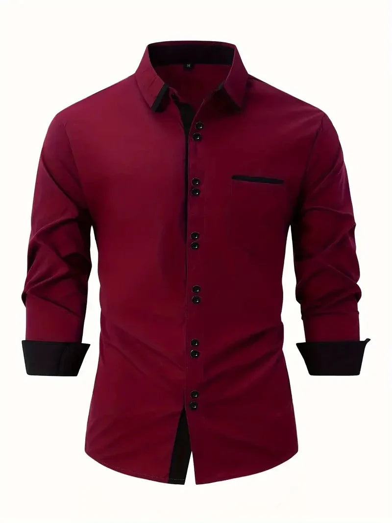 Men's Shirt Business Casual Comfortable Cotton Lapel Color Matching Pocket Holiday Long Sleeve Top
