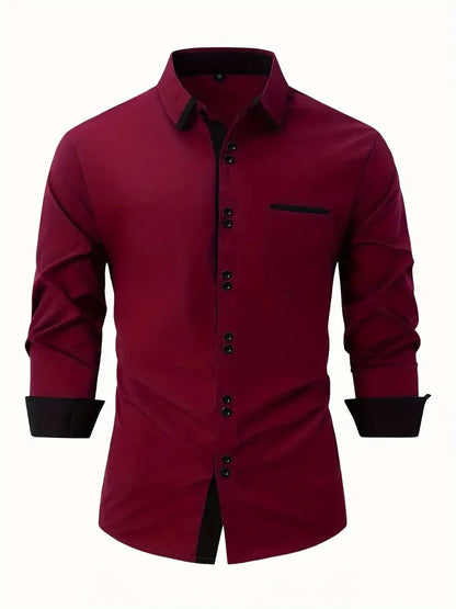 Men's Shirt Business Casual Comfortable Cotton Lapel Color Matching Pocket Holiday Long Sleeve Top