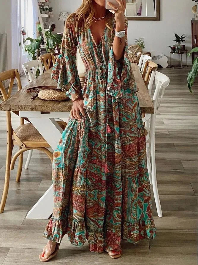 Spring Autumn Women's Fashion Bohemian Style Flare Sleeves Printed V-neck High Waist Dress Fragmented Flower Women's Long Dress