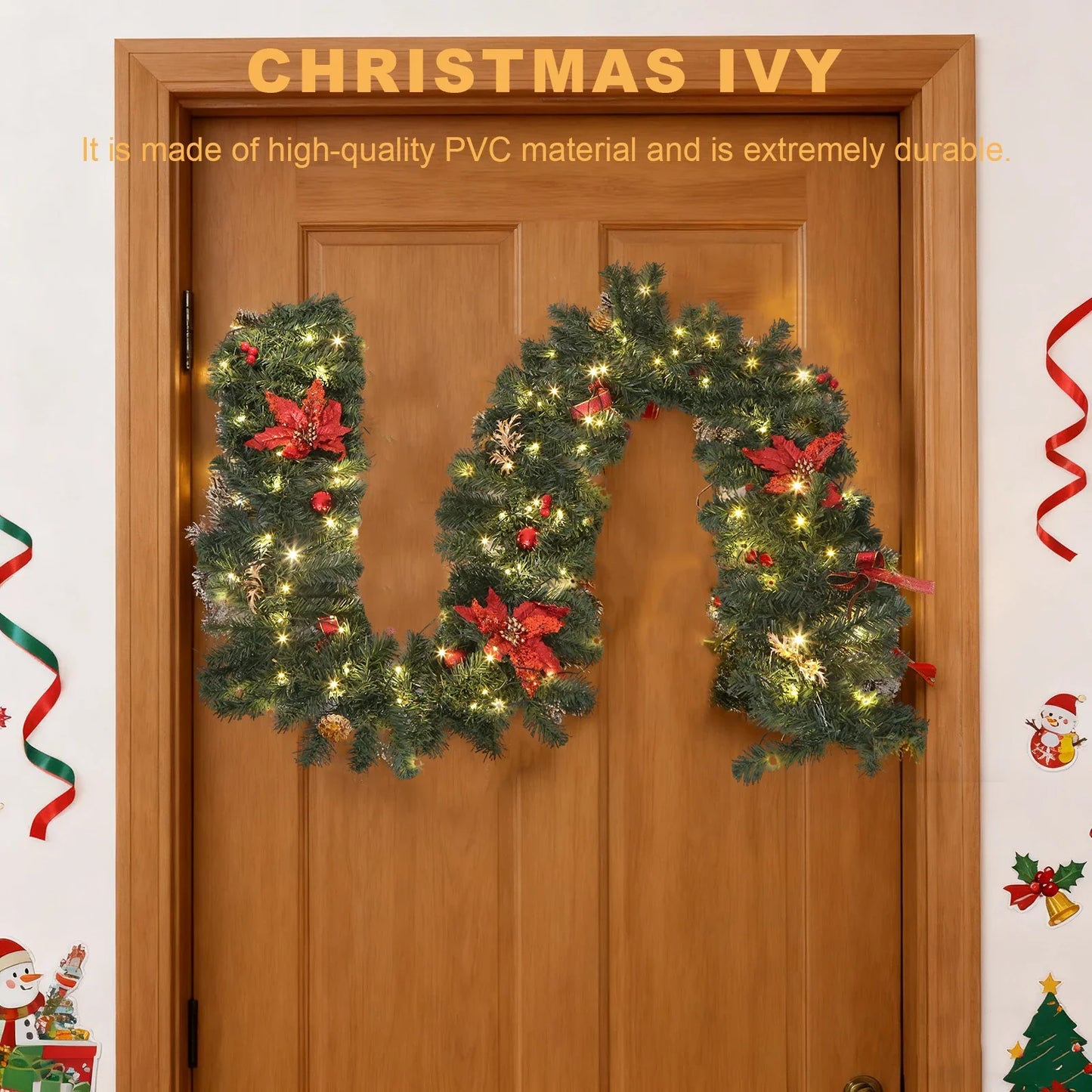 2.7m LED Xmas Fireplace Decor Pre Lit Christmas Garland Door Wreath Pendant (E)