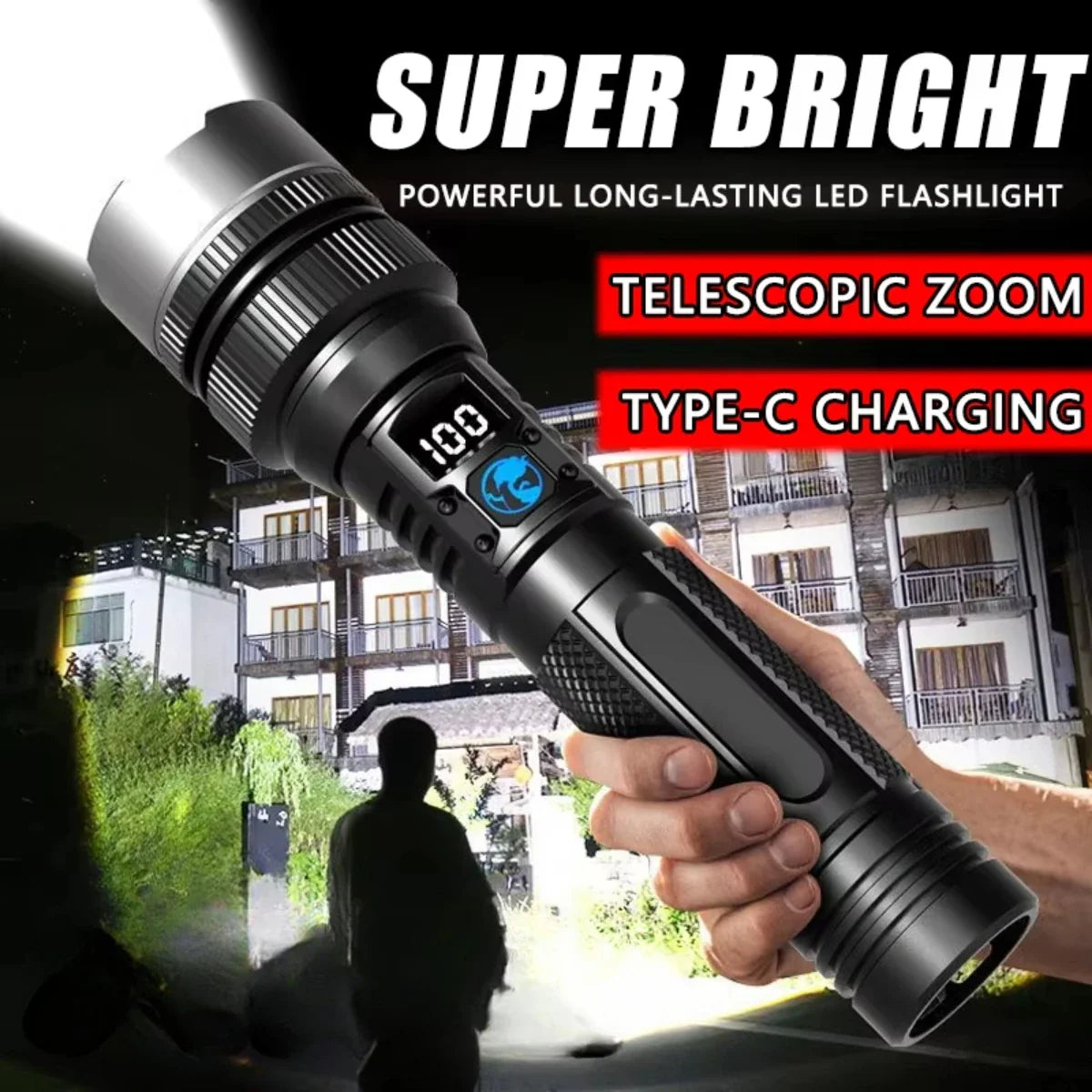 Powerful LED Flashlight – Adjustable Zoom, Digital Battery Display, USB-C Rechargeable