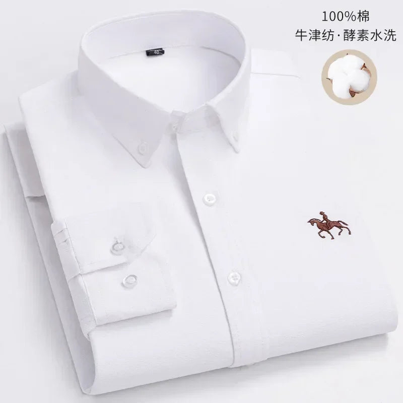 S~7XL 100% Pure Cotton Men's Long Sleeve Oxford Spinning Shirt Business Leisure Embroidery Pocket Slim Fit Button Style Soft Med