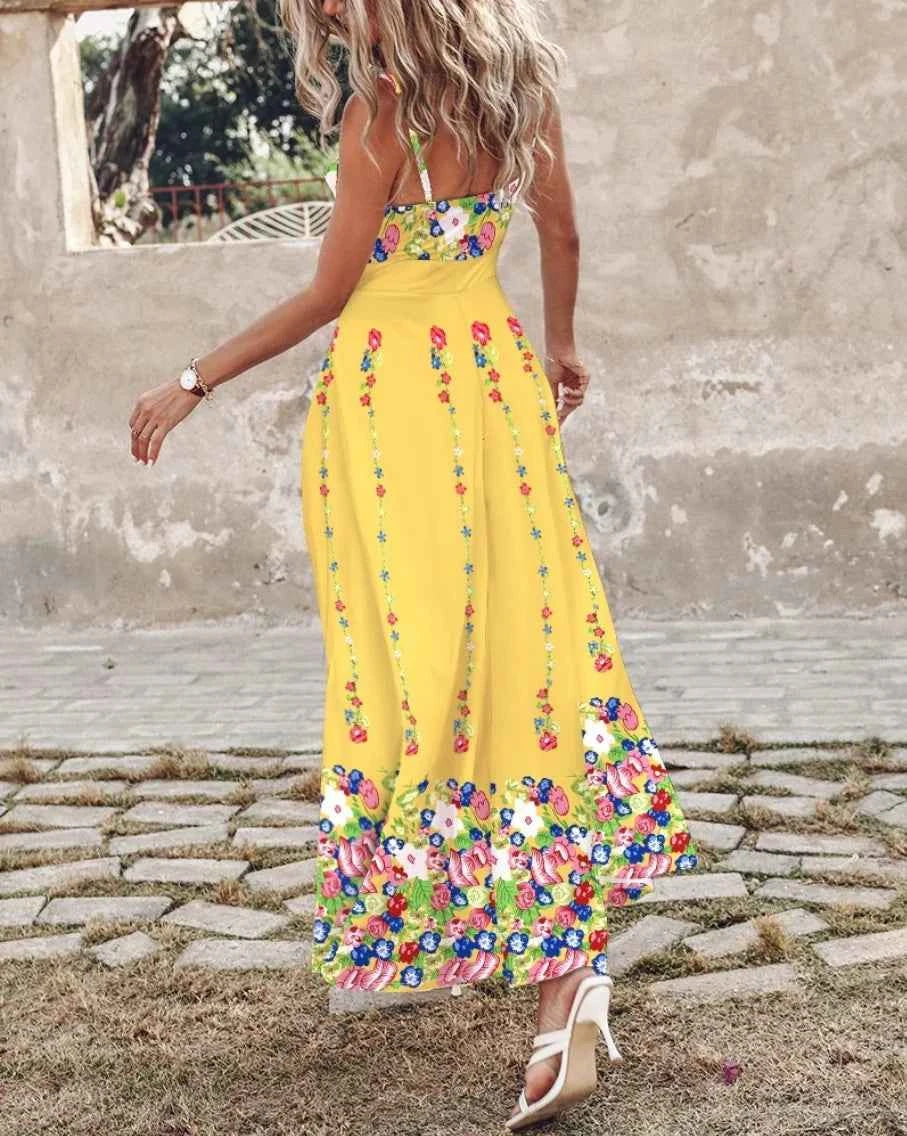 Women's Ombre Leaf Eyelet Strap Maxi Dress Elegant Hawaiian Vacation Sleeveless Summer
