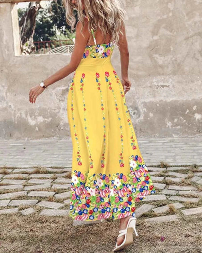 Women's Ombre Leaf Eyelet Strap Maxi Dress Elegant Hawaiian Vacation Sleeveless Summer