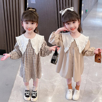 Autumn/Winter Girls' Dress Lapel Lace Lace Pleated Plaid/Solid Color Puffy Sleeve Garden Cotton And Linen Dress (Girls 0-3 Years