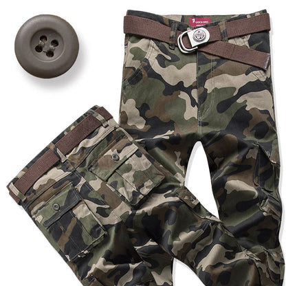 Men's Cotton Cargo Pants – Loose Fit, Multi-Pocket, Camo & Black, Waist 31-36