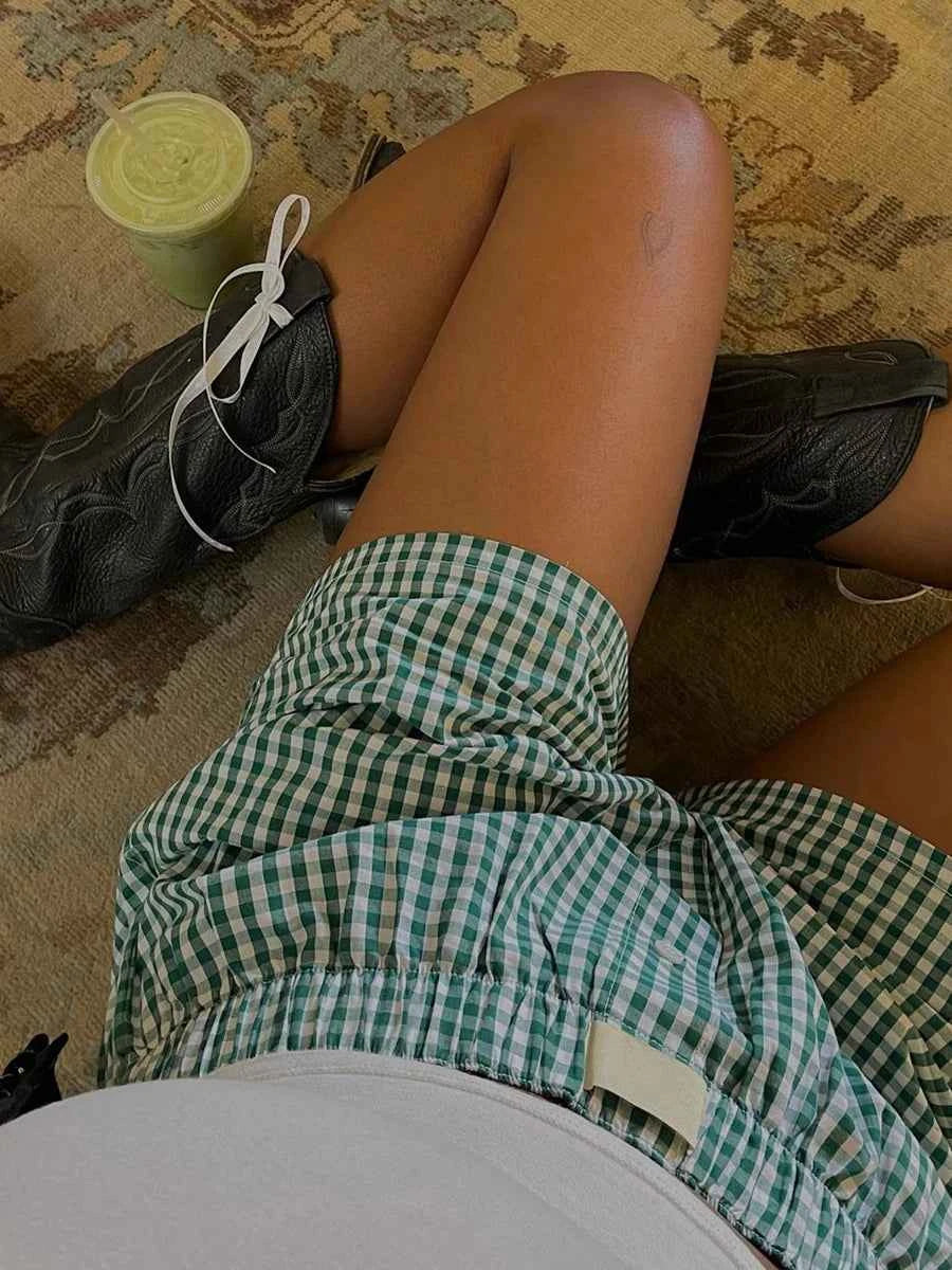 Women’s Y2K Retro Cleanfit Plaid Print Elastic Low Waist Button Front Aesthetic Loungewear Loose Shorts Boxers Streetwear
