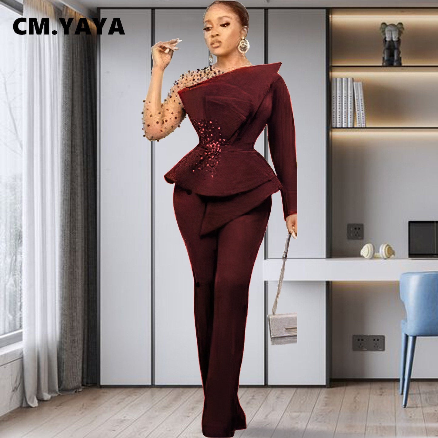 CM.YAYA Vintage Women  Beading Mesh Patchwork Ruffles Fan-shaped Blazer Tops and Pants Suit Two 2 Piece Set Outfits Tracksuit