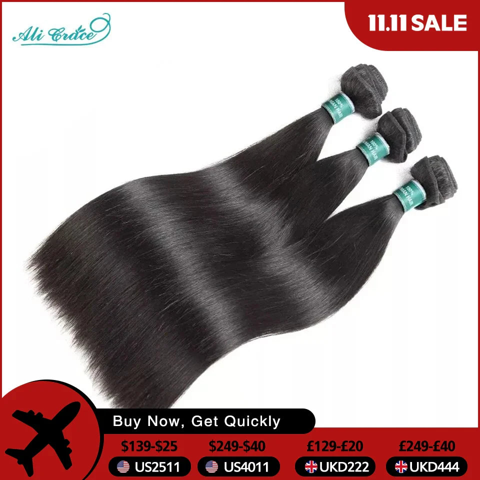 ALI GRACE Indian Straight Hair 3 Pcs Human Hair Bundles Remy Hair Extention 10-28 Inches Natural Color Straight Hair 3 Bundles