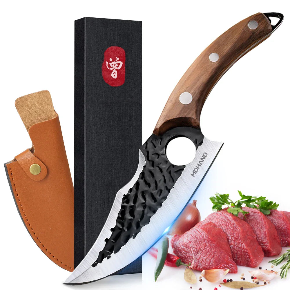 Hand Forged Stainless Steel Chef Knife – 4CR14 Steel, Rosewood Handle, PU Leather Sheath
