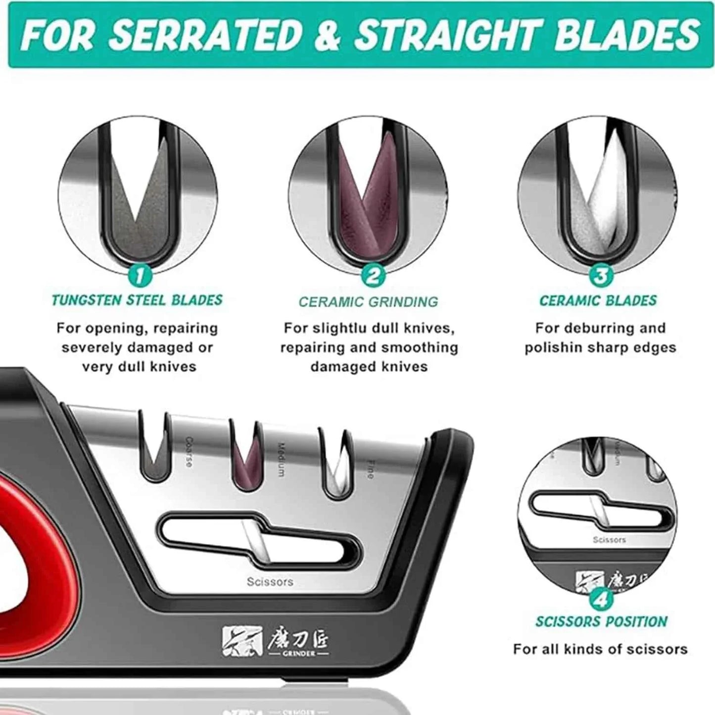 Four in one kitchen sharpener restores serrated blade knives and scissors, diamond tungsten steel