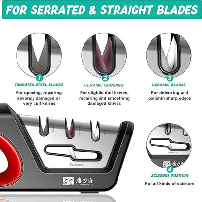 Four in one kitchen sharpener restores serrated blade knives and scissors, diamond tungsten steel