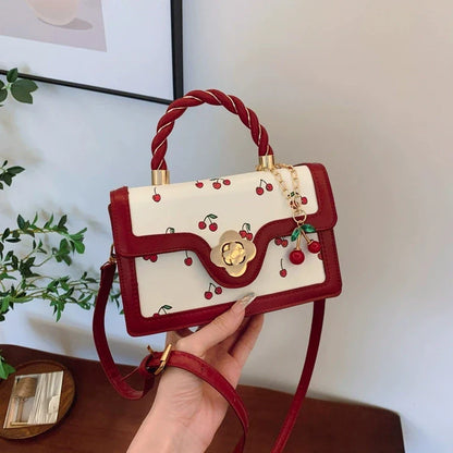 Cute Cherry Printed Handbag Shoulder Bag, Woven Handle Square Tote Bag, Fresh Design Women's Crossbody Bag, Stylish Women Bag