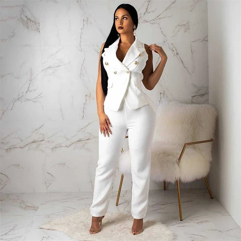 Business Work Wear Two Piece Pant Suits for Women Sets Elegant Sleeveless Blazer Top and Pencil Pants Office Lady Matching Sets