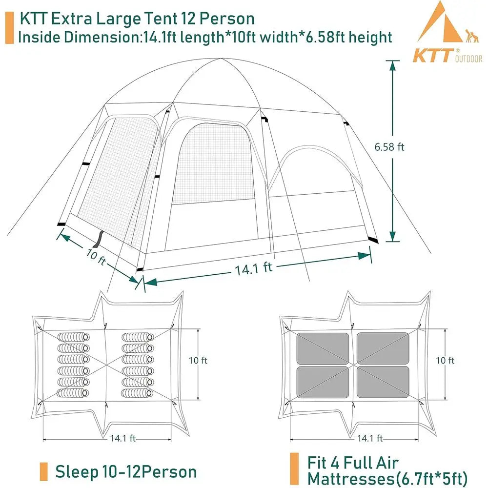 Spacious 6-14 Person Family Cabin Tent with 2 Rooms, 3 Doors, 3 Mesh Windows, Straight Walls, Waterproof, Double Layer for Outdo