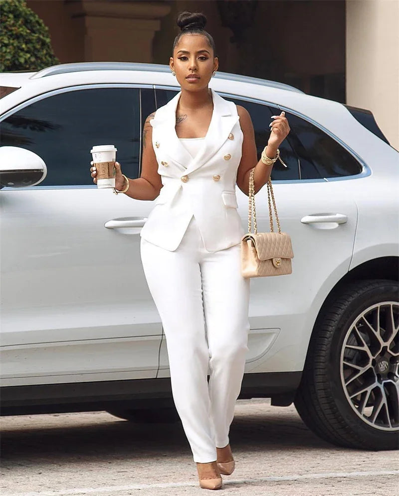 Business Work Wear Two Piece Pant Suits for Women Sets Elegant Sleeveless Blazer Top and Pencil Pants Office Lady Matching Sets