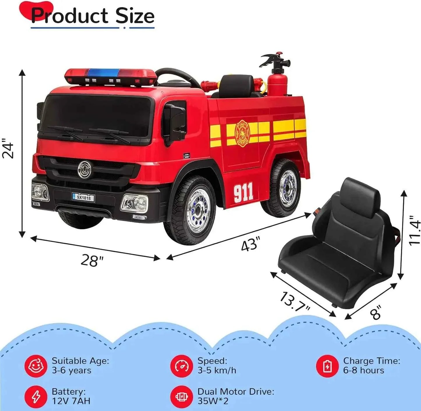 AOOU 12V Ride on Fire Truck, Kids Electric Vehicle, Battery Powered Car Toy w/Remote Control, Power Motorized Driving Car