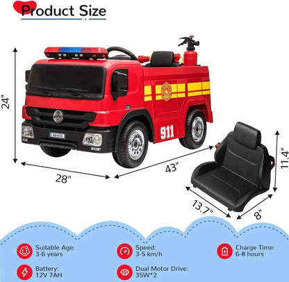 AOOU 12V Ride on Fire Truck, Kids Electric Vehicle, Battery Powered Car Toy w/Remote Control, Power Motorized Driving Car