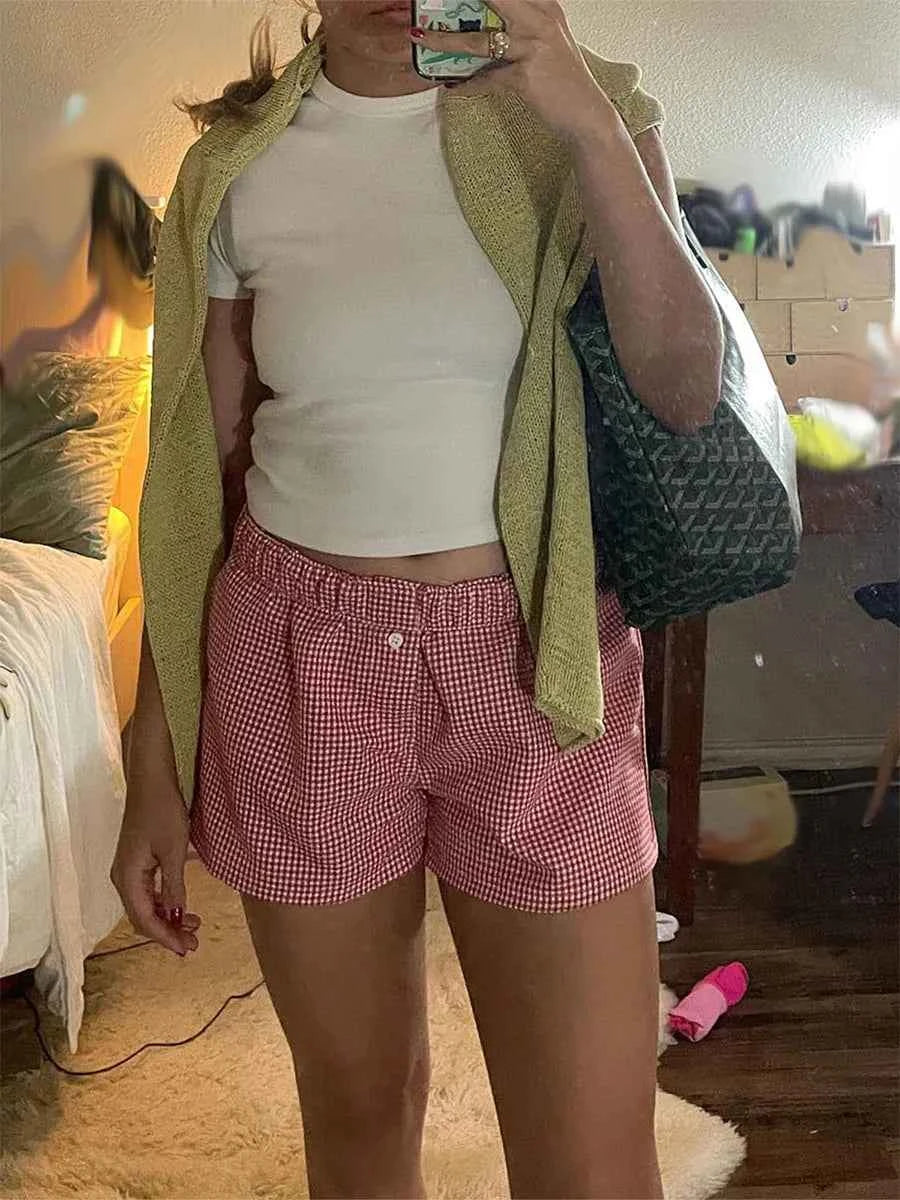 Women’s Y2K Retro Cleanfit Plaid Print Elastic Low Waist Button Front Aesthetic Loungewear Loose Shorts Boxers Streetwear