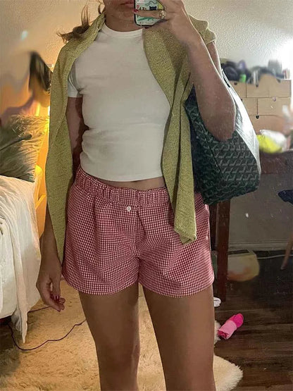 Women’s Y2K Retro Cleanfit Plaid Print Elastic Low Waist Button Front Aesthetic Loungewear Loose Shorts Boxers Streetwear