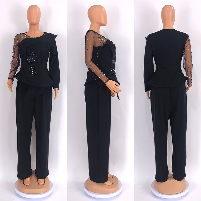 CM.YAYA Vintage Women  Beading Mesh Patchwork Ruffles Fan-shaped Blazer Tops and Pants Suit Two 2 Piece Set Outfits Tracksuit