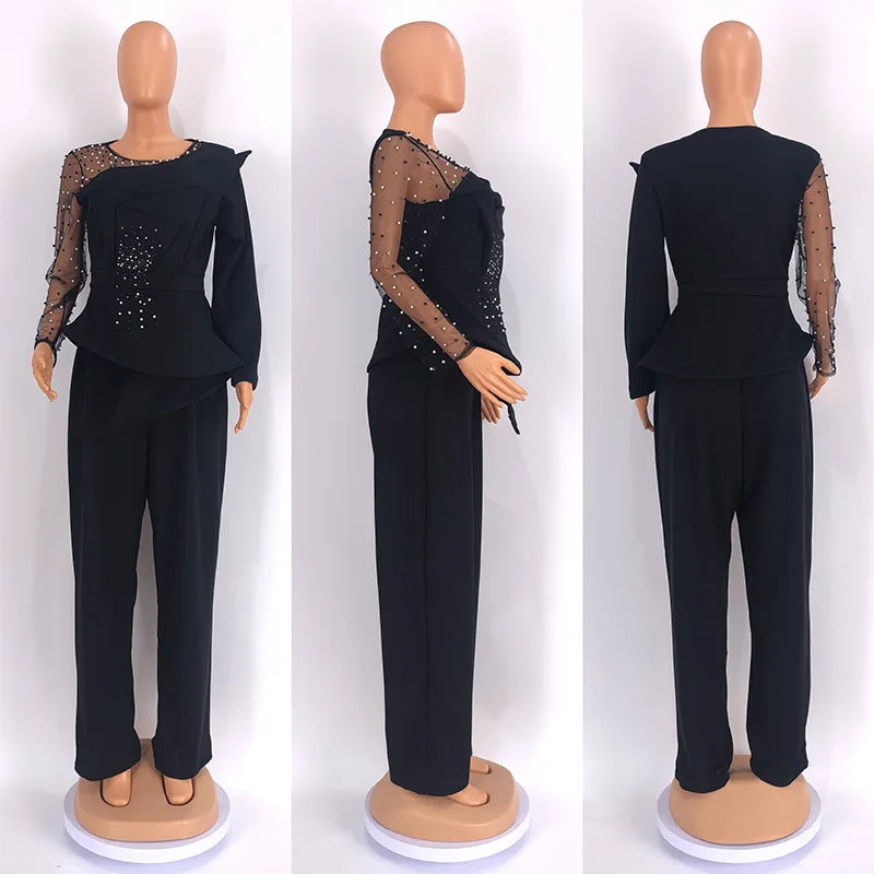 CM.YAYA Vintage Women  Beading Mesh Patchwork Ruffles Fan-shaped Blazer Tops and Pants Suit Two 2 Piece Set Outfits Tracksuit
