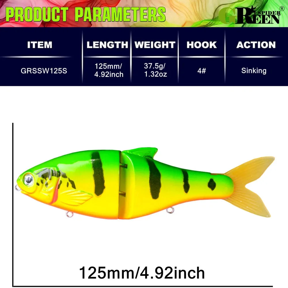 Jointed Glide Bait Swimbait – 125mm 37.5g Sinking Hard Lure with Treble Hooks, 7 Colors