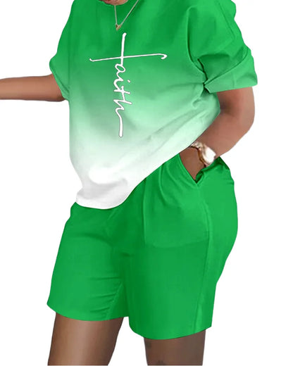 Casual Loose Short Sleeve Tshirt Shorts Set Office Lady Summer Fashion O-neck Colorful Print Two Piece Set Women Outfit 2023