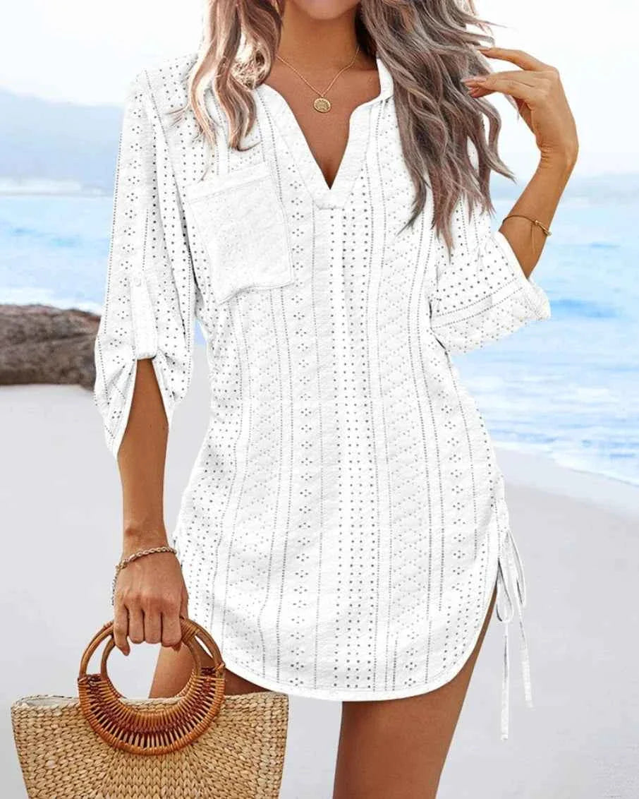Women's V-Neck Hollow Out Beach Tunic - Lightweight Summer Cover Up with Side Tie Details