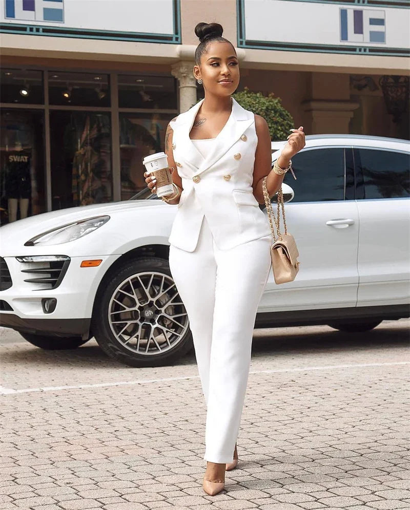 Business Work Wear Two Piece Pant Suits for Women Sets Elegant Sleeveless Blazer Top and Pencil Pants Office Lady Matching Sets