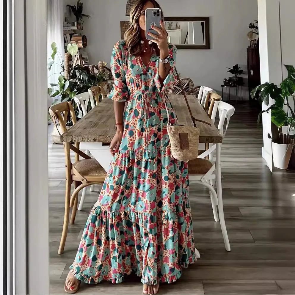 Elegant Women's Flower Long Dresses 2024 Spring New Bohemian Printed  Dress Abıye Kadın Abiye  Платье Robe Ete Femme Vestidos